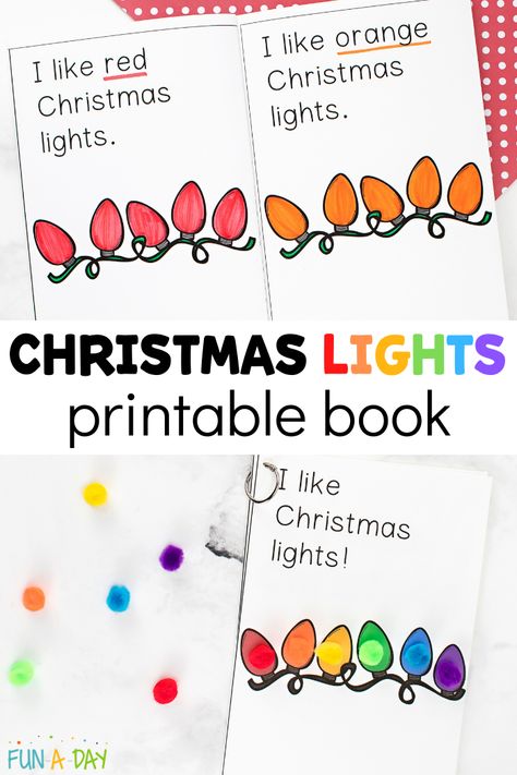 Free Christmas Lights Printable Book | Fun-A-Day! Christmas Books Preschool, New Years Books For Kids, Christmas Lights Preschool Activities, Christmas Lights Activities For Kids, Christmas Light Preschool Craft, Christmas Lights Printable, Christmas Literacy Activities, Christmas Literacy, Christmas Books For Kids