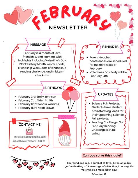 February Newsletter, February Reading, School Newspaper, Classroom Newsletter, Teacher Education, 14th Birthday, Science Fair Projects, Reading Challenge, Parents As Teachers