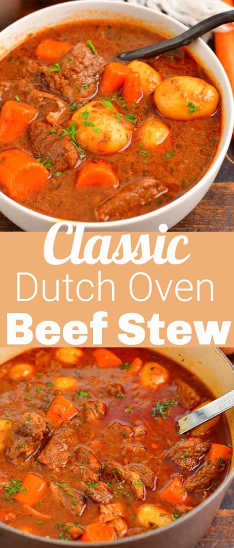 This amazing old-fashioned Beef Stew is a perfectly comforting and flavorful dish for the colder weather. Beef Stew is a classic beef dish made with tender braised beef, onions, carrots, potatoes, and mouthwatering broth. Let it stew for a few hours in a Dutch oven for the rich flavor and perfectly tender meat and vegetables. Beef Stew In Dutch Oven, Tomato Based Beef Stew, Dutch Oven Beef Stew Recipes, Beef Stew Recipe Oven, Tomato Beef Stew, Dutch Oven Beef Stew, Cooking Stew Beef, Old Fashioned Beef Stew, Beef Stew Stove Top