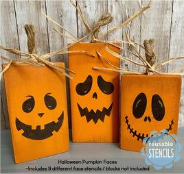 Primitive Halloween Crafts, Fall Stencils, Leaf Stencils, Block Pumpkins, 2x4 Crafts, Halloween Blocks, Pumpkin Stencils, Halloween Stencils, Different Faces