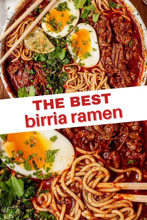 Birria Noodle Bowl, Beef Stew Ramen, Burris Ramen Recipe, Beef Birria Ramen, Ramen Buffet Ideas, Birria Leftover Recipes, Chuck Roast Ramen, Ramen Birria Recipes, Birria Ramen Recipe Crockpot