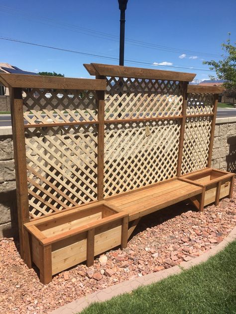 Trellis For Privacy Backyards, Garden Trellis Ideas Patio Privacy Planter Boxes, Trellis Planter Ideas For Privacy, Front Yard Privacy Wall Ideas, Planter Boxes With Privacy Screen, Shared Yard Privacy, Road Side Garden Ideas, Outdoor Privacy Wall With Bench, Privacy Wall Bench