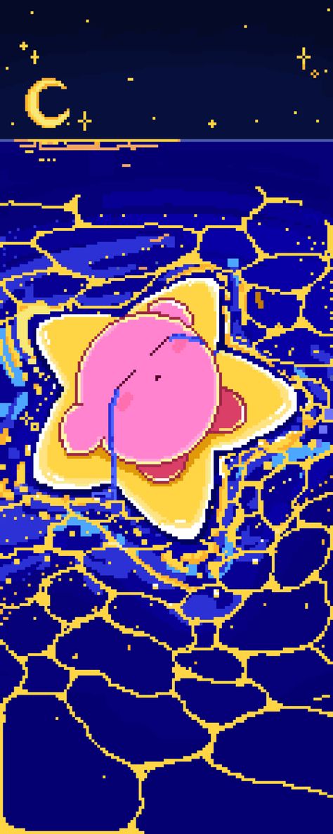 Original pin Pixel art sad kirby on star in ocean wallpaper #kirby #wallpaper #pixelart Kirby Wallpaper Lockscreen, Kirby Sleeping Wallpaper, Kirby On Star, Blue Kirby, Sleepy Kirby, Kirby Wallpaper, Video Game Backgrounds, Oxford Comma, Ocean At Night