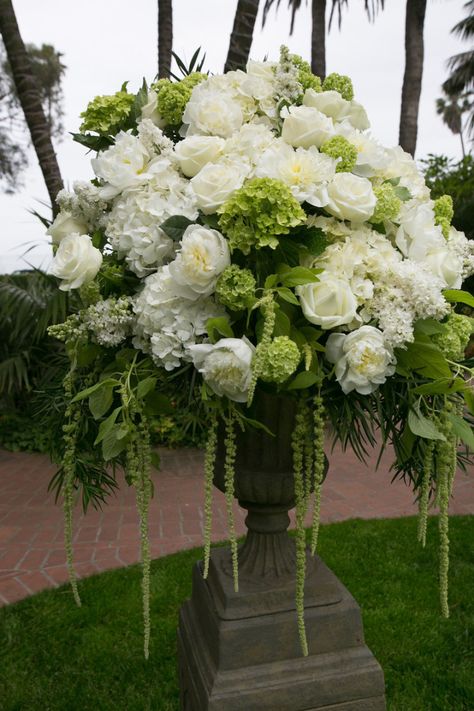 Classy Santa Barbara, California Wedding From Chris Schmitt Photography: White Wedding Flowers Ceremony, White Wedding Flower Arrangements, White And Green Flowers, Urn Arrangements, White Flower Arrangements, Altar Arrangement, Large Floral Arrangements, Altar Flowers, Large Flower Arrangements