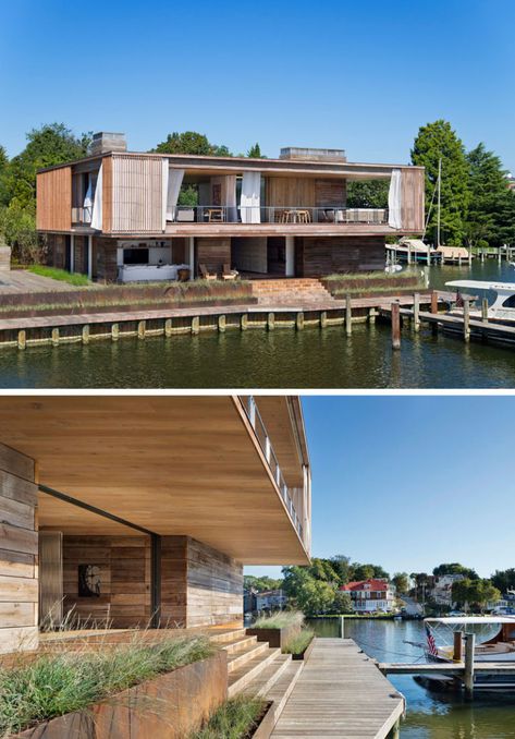 Deep overhangs protect this modern house and provide shade to the decks that surround it. The second floor, also encircled by cantilevered decks and balconies, is wrapped in layers of fixed Ipe screens and operable canvas drapes. #ModernHouse #WaterfrontHouse #ModernArchitecture Bates Masi, Waterfront Architecture, Waterfront House, Ipe Decking, House Design Exterior, Active Family, Annapolis Maryland, Wood Stairs, Timber Construction