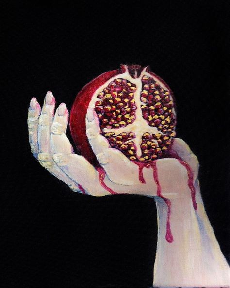 Acrylic Painting of human hand holding an opened dripping red pomegranate with gold lead detail Open Pomegranate Drawing, Hands Holding Pomegranate, Pomagranet Painting, Pomegranate Art Paint, Hand Holding Pomegranate, Pomegranate Reference, Hand Holding Fruit, Pomegranate Symbolism, Holding Pomegranate