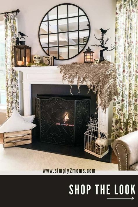 Simple Halloween Mantle Decor, Spanish Moss Decor Ideas, Basic Fireplace, Fireplace Upgrade, Decor With Lanterns, Halloween Decorating Ideas, Antique Bird Cages, Halloween Mantle Decor, Mantle Ideas