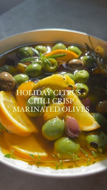 Citrus Marinated Olives, Aperitivo Party, Tea Appetizers, Warm Olives, Castelvetrano Olives, Olive Appetizer, Roasted Olives, Chili Crisp, Whipped Goat Cheese