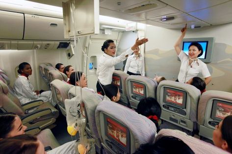 Flight Attendant Training, Qatar Airways Cabin Crew, Emirates Airline Cabin Crew, Emergency Procedures, Cabin Crew Jobs, Emirates Cabin Crew, Airline Cabin Crew, Emirates Airline, Airplane Photography