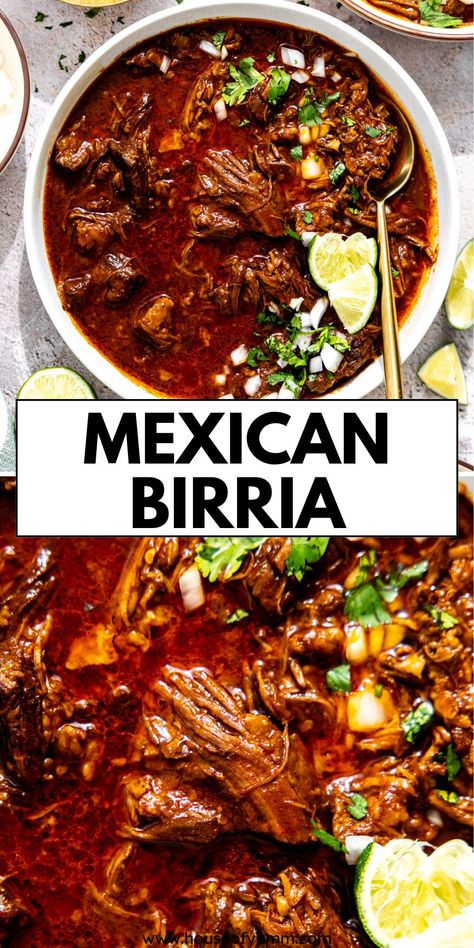 This authentic Mexican Birria de res features a rich chile broth with chunks of tender, juicy beef. Serve as a stew topped with cilantro and onions or use it to make birria tacos. Healthy Mexican Meal Ideas, Quick Birria Recipe, Birria Tacos Stovetop, Beef Birria Recipe Mexican Crockpot, Biria Taco Recipe, Birria Meat Recipe, Beef Birria Recipe Mexican Authentic, Birria Beef Recipe, Mexican Birra