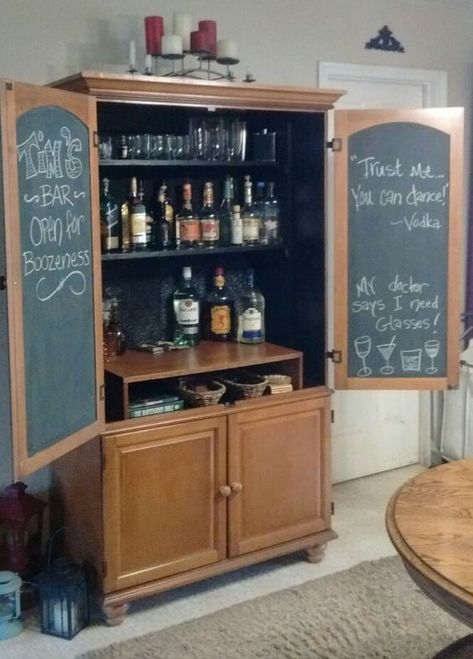 People always try to find ways to make their homes as beautiful and complete as possible. Perhaps one part of a house that most people think less of are home bars, yet home bars are not only a thing for the rich and famous despite popular belief. There are simple and easy DIY home bars you can … Armoire Repurpose, Armoire Bar, Closet Ikea, Armoire Makeover, Tv Armoire, Diy Home Bar, Home Coffee Bar, Lounge Bar, Old Cabinets