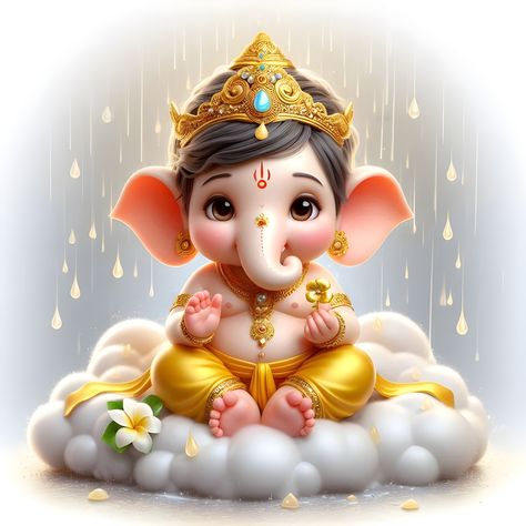 A cute, cartoonish image of Lord Ganesha, the Hindu god of wisdom and new beginnings, sitting on a cloud and wearing a golden crown and attire. Cute Ganesha, God Of Wisdom, God Ganesh, Digital Invitations Wedding, Happy Ganesh, Lord Ganesha Paintings, Golden Crown, Happy Ganesh Chaturthi, Ganesha Painting