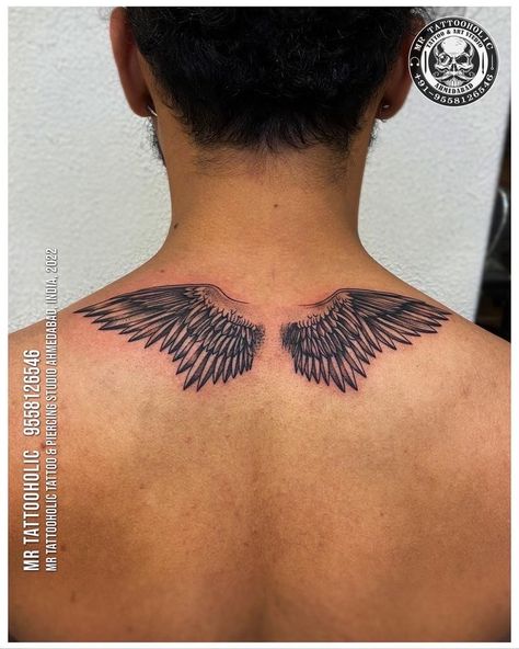 Upper Back Wings Tattoo Men, Back Tattoo Men Wings, Man With Wings Tattoo, Wings Tattoo On Back For Men, Wings Tattoo Back Men, Devils Wings Tattoo, Wing Tattoo Designs Men, Back Tattoos For Guys Upper Wings, Wings Back Tattoo For Men