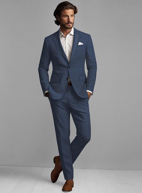 A luxurious spin on classic tailoring, our Solbiati Denim Blue Linen Suit is an elegant piece that ensures an impeccable look. Crafted from pure linen, it offers a lean and polished appearance, as well as exceptional breathability for a stylish and comfortable feel. Meticulously tailored with contemporary details, this suit creates a sleek and powerful silhouette that is sure to make a statement at any social gathering or formal meeting.     About Solbiati Pericle Collection :  A blend of artisan craftsmanship and the finest linen, designed for those who cherish classic elegance with a modern twist. Our collection offers unparalleled comfort and impeccable style. With the freedom to explore vibrant textures and colors, from sophisticated two-tone twills to lively mélange patterns, Pericle Classic Mens Suits, Blue Linen Suit Men Wedding, Men Wedding Suits Classy, Blue Formal Outfit Men, Blue Suit Men Wedding, Male Suits Classy, Hoi An Tailor Clothes, Mens Suit Blue, Blue Summer Suit