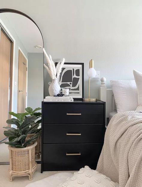 Dark Bedside Tables, Bedside Table Ikea, Ikea Storage Hacks, Ikea Rast Hack, Bedside Table Styling, Kids Bedside Table, Bedside Table Decor, Black Bedside Table, Black Bedroom Furniture