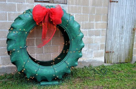 An idea took hold. We had something special here. Our little (big) fledgling tire wreath was bringing people joy. Wasn't that what Christmas was all about? Tire Christmas Decorations, Tire Wreath, Recycled Christmas Decorations, Christmas Garden Decorations, Christmas Light Installation, Tractor Tire, Tyres Recycle, What Is Christmas, Christmas Garden