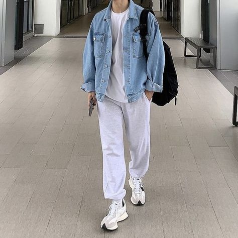 Light Blue Denim Jacket Outfit Men, Korean Fashion Men Jeans, White Denim Outfit Men, White Joggers Outfit Men, White And Denim Outfits Men, Light Blue Jacket Outfit Men, Light Blue Hoodie Outfit, Light Blue Denim Jacket Outfit, Light Blue Outfit Men