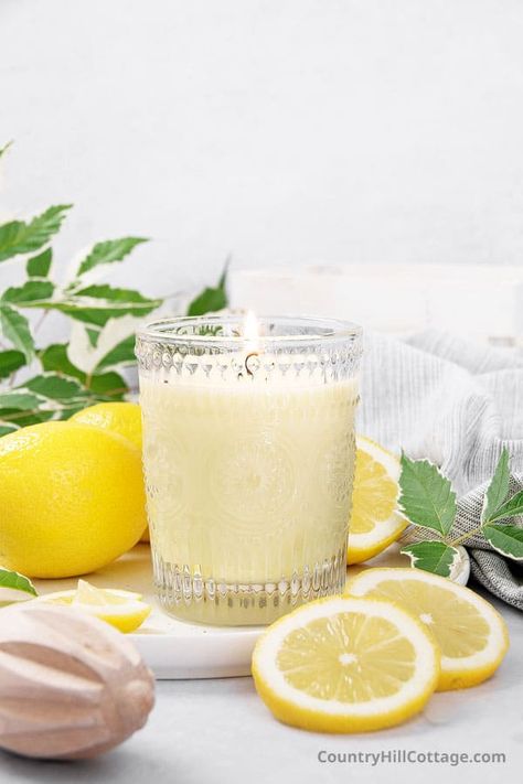 See how to make natural DIY lemon candles in a mason jar that smell like real citrus fruit! Sunny lemon scented candles are sure to brighten your day! The all-natural citrus candle is made with soy wax plus lemon essential oil and has a refreshing crisp scent. This candle recipe includes lots of tips for the best smelling lemon candles, mentions benefits, and different lemon blend scents with lavender, vanilla, rosemary, ginger, cinnamon, citronella, orange and others. | CountryHillCottage.com Apothecary Photoshoot, Citrus Candle Diy, Candles Recipe, Lime Candles, Lemon Candle Photography, Candle Instagram, Lemon Candles, Citrus Candle Photography, Candle Recipe