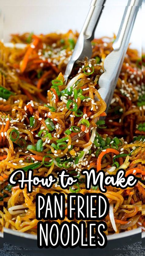 These pan fried noodles are tossed with colorful vegetables and coated in a savory sauce. Pan Fried Lo Mein Noodles, Beef Pan Fried Noodles Recipe, Asian Recipes With Vegetables, Asian Pan Fried Noodles, Chicken Pan Fried Noodles, Garlic Fried Noodles, Recipes With Brown Rice Noodles, Stirfry Noodle Sauce, Pan Fried Ramen Noodles Recipe