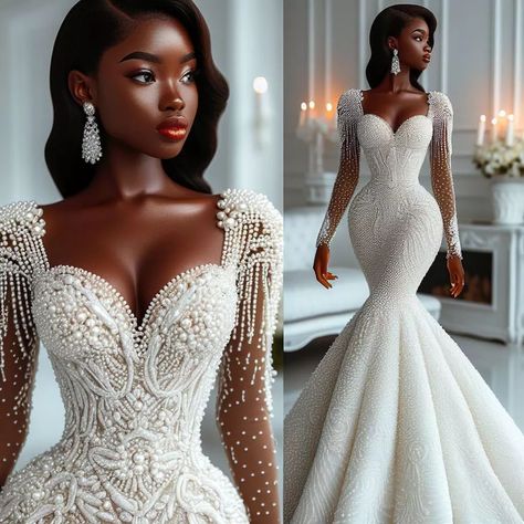 Nanice Weddings | Wedding dresses in Accra | Exquisite off-shoulder princess gowns on these beautiful models! Their confidence stance is exuding an air of sophistication and poise… | Instagram Mermaid Wedding Dress On Black Women, Black Bride Wedding Dress, Black Brides, Glittery Wedding Dress, Long White Wedding Dress, Wedding Gown With Sleeves, Elegant Red Dress, Unusual Wedding Dresses, Bride Reception Dresses