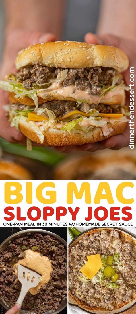 Big Mac Sloppy Joes are a delicious one pan meal with a McDonald's Big Mac Secret Sauce Copycat made in 30 minutes. Skip the drive-thru! Things I Bought And Liked, Sloppy Joe Toppings, Big Mac Recipe Ideas, Meals With Buns, Dinner Ideas For Hot Days Summer, Sloppy Burgers, Big Mac Sloppy Joe, Big Mac Sloppy Joes, Big Mac Sloppy