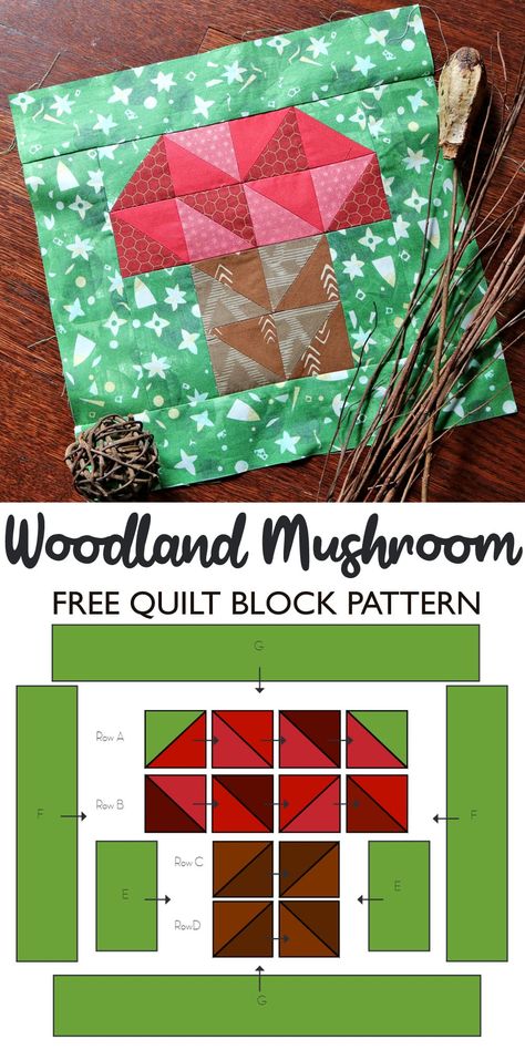 Woodland Mushroom Quilt Block Pattern Nature Quilt Blocks, Quilt Along Free, Free Quilt Block Patterns Easy, Mushroom Quilt Block Free Pattern, Easy Quilt Block Patterns Free, Mushroom Quilt Block, Free Quilt Square Patterns, Forest Quilt Pattern, Mushroom Quilt Pattern