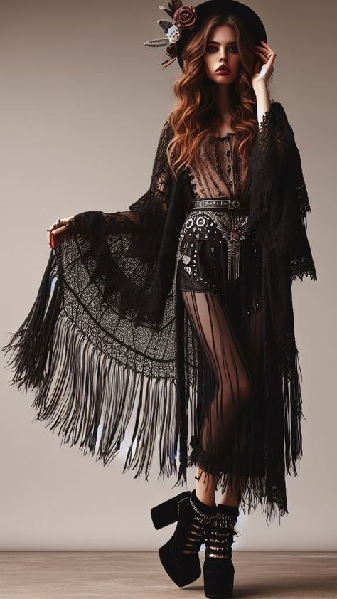 Boho Punk Outfits, Gothic Boho Fashion, Goth Boho Outfits, Hippie Goth Fashion, Dark Boho Outfits, Dark Bohemian Fashion, Boho Witch Outfits, Boho Goth Outfits, Goth Festival Outfit