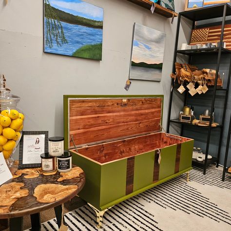 "Lane" Cedar Chest. Finished with Wise Owl OHE "Spanish Olive" Paint & Natural Wood. Polished Gold Legs, rubber Feet. Perfect for Entryway, Foot of bed or against a wall. Original markings and tag in chest. Mmmm Cedar Aroma! 18" H x 16" W x 48" L On Display & Sale at our Space in Maximus Home Decor in Old Saybrook. #refinish #furnish #furniture #olive #natural #wood #oil #chest #lane #cedarchest #hallway #endofbed #breezway #entryway #spanisholive #bedroom #storage #polishedgold #gold #l... Cedar Chest Entryway, Olive Paint, Cedar Chest Redo, Lane Cedar Chest, Cedar Chest, Gold Legs, Wood Oil, Wise Owl, Foot Of Bed