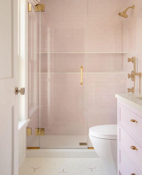 Spa Inspired Bathrooms, Pink Tiles, Transitional Bathroom, Jack And Jill Bathroom, Shower Niche, Girls Bathroom, Pink Bathroom, Bathroom Inspo, Bathroom Kids