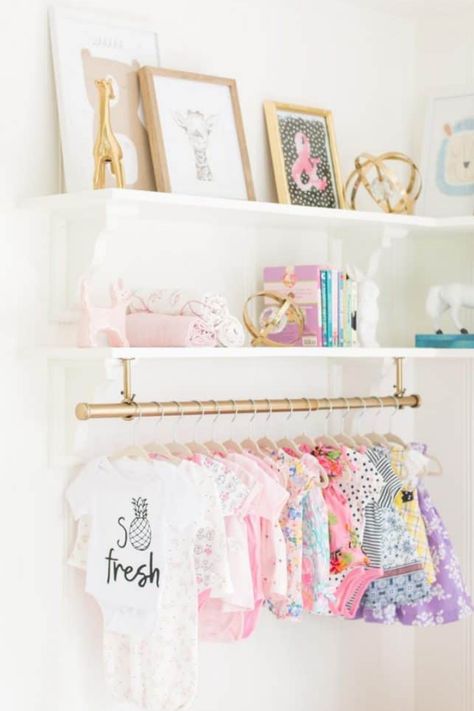 Sienna Bedroom, Small Space Clothing Storage, Glam Nursery, Dark Nursery, Nursery Inspiration Girl, Nursery Shelf Decor, Deco Disney, Baby Clothes Storage, Sweet Nursery