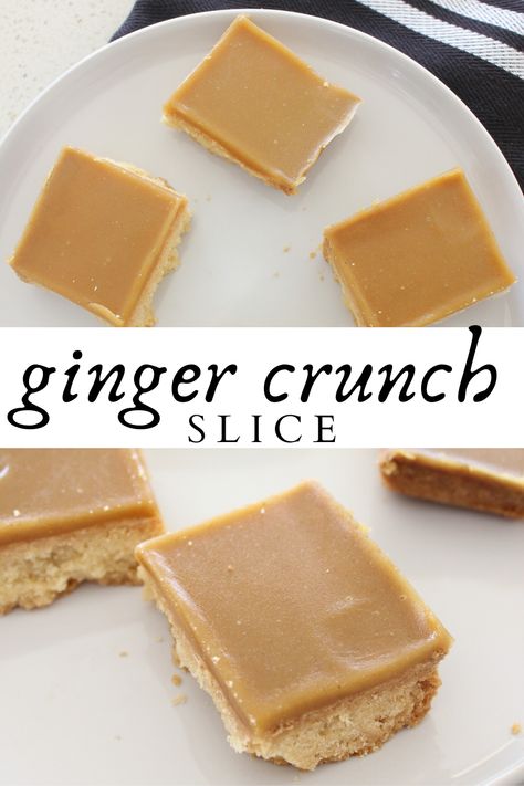 Ginger Crunch Slice, Ginger Slice Recipe, Ginger Bars, Flavoured Icing, Nz Recipes, Ginger Desserts, Ginger Crunch, No Bake Slices, Caramel Biscuits