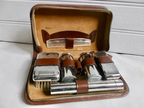 Mens Vintage English Leather Toiletries Grooming Shaving Dopp Travel Kit Art Deco Circa 1930s by Retromagination on Etsy Vintage Oiled Leather Travel Bag, Vintage Travel Bags With Crocodile Pattern, Vintage Suitcase Sewing Kit, Luxury Shaving Kit, Dopp Bag, Shaving Kit, Mens Grooming Kit, Vintage Shaving Kit, Retro Men