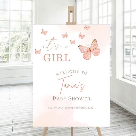 Pink Butterfly Baby Shower Welcome Sign DIGITAL DOWNLOAD - Etsy UK Welcome Sign Baby Shower Girl, Butterfly Welcome Sign, Pink Butterfly Baby Shower, Girl Baby Shower Decor, Butterfly Baby Shower Decorations, Gender Reveals, Butterfly Baby Shower, Girl Baby Shower Decorations, Girl Sign