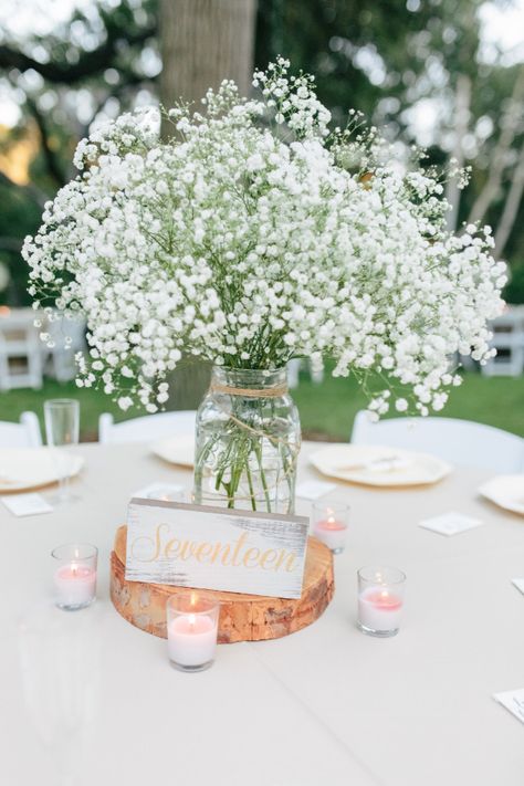 Mason Jar Baby Breath Centerpiece, Simple Baby Breath Centerpiece, Baby’s Breath Wedding Centerpiece, Babies Breath Wedding Centerpieces, Baby Breath Centerpiece, Wood Centerpieces Wedding, Beach Wedding Centerpieces, Wood Centerpieces, Rustic Vintage Wedding