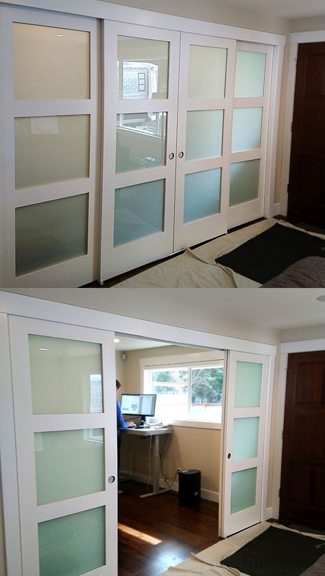 Doors For Flex Room, Office Doorway Ideas, Large Doorway Door Ideas, Room Enclosure Ideas, Doors To Close Off A Room, How To Add A Door To A Wall, Double Doors Office, Door Options For Large Opening, Home Office Sliding Glass Door