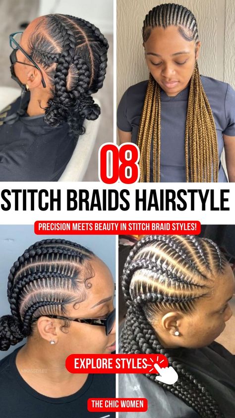 Stitch Braids Hairstyle Ideas: Sleek, Stylish, and On-Trend Stitch Braid Styles, 8 Feed In Braids, Cute Stitch Braids, Straight Back Braids, Stitch Braid, Back Braid, Stitch Braids, Feed In Braid, Zigzag Pattern