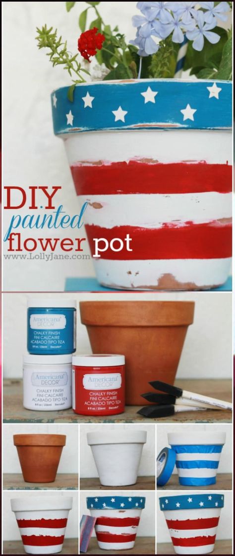 Diy 4th Of July Decorations, Patriotic Flowers, Patriotic Diy, Fourth Of July Decorations, 4th July Crafts, Fourth Of July Food, Fourth Of July Decor, Painted Flower Pots, July Decor