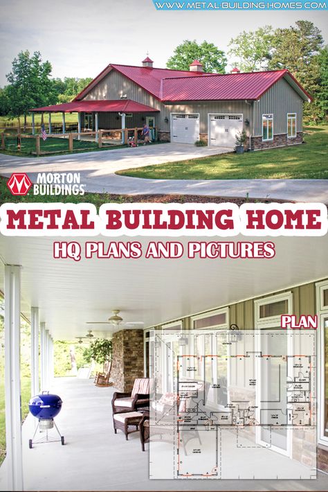 Homes With Red Roof, Red Iron Building Homes, Metal Homes Plans, Metal Building House, Metal Shop Houses, Morton Homes, Morton Building Homes, Metal House Plans, Metal Building Designs