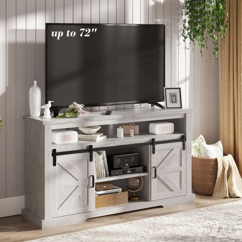 PRICES MAY VARY. 【Sliding Barn Doors】Two removable barn doors that can be slid left or right to use storage cabinets or center storage shelves, and the sliding feeling is as smooth and quiet as skiing 【Flexible and Large Storage】The top of the cabinet is designed with an open speaker shelf for conveniently placing speakers or game consoles. This TV cabinet comes with 2 storage cabinets and 3 open spaces, and the center shelf can be adjusted in three levels, providing abundant storage or display Cool Entertainment Center Ideas, Living Room Tv Stand Decor Ideas, Mid Century Entertainment Center, Speaker Shelves, Tv Stand Decor Ideas, Tv Media Console, Tv Stand Shelves, Shelf For Living Room, Farmhouse Tv