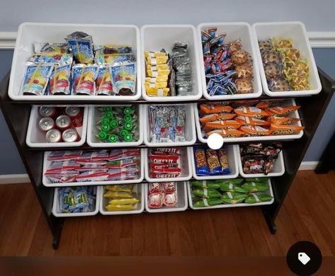 Pantry Lunch Station, After School Snack Organization Ideas, Grab And Go Snack Station, Repurpose Toy Bin Organizer, Daycare Kitchen Organization, Old Kitchen Organization, Ramen Organization, Repurposed Toy Organizer, Snack Station In Bedroom