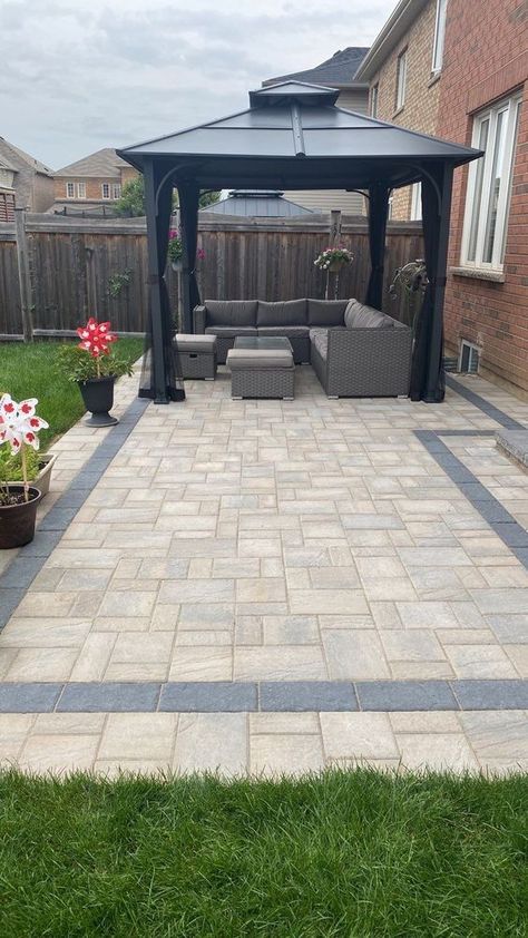 15+ Stunning Paver Patio Ideas for Home in 2023 Backyard Concrete Paver Ideas, Gazebo Ideas Small Backyard, Champlain Grey Techo Bloc, Outdoor Paver Patio Ideas Backyards, Landscaping Ideas With Pavers, Interlock Patio Backyard, Backyard Pavers Ideas, Paver Patio Ideas Layout, Paver Patio Ideas On A Budget