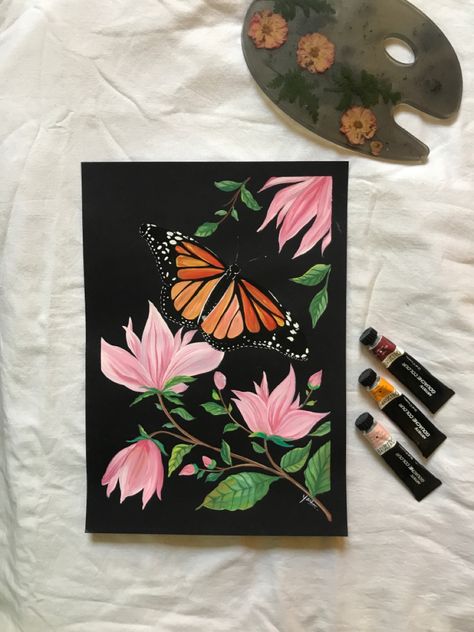 Butterfly On Black Canvas, Butterfly Flower Painting, Gouche Painting Easy For Beginners, Gouche Paintings Easy, Flower Gouache Painting, Monarch Butterfly Painting, Butterfly Watercolor Painting, Painting Clipart, Butterfly Acrylic Painting