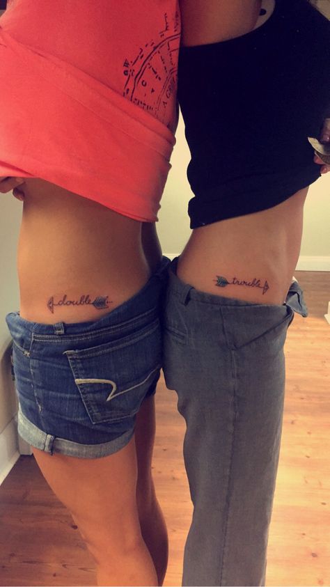 My sister and I got matching tattoos. Double Trouble. Mine is colored in with her birthstone color and vice versa. :) Double Trouble Matching Tattoos, Double Trouble Tattoo, Trouble Tattoo, Tattoos For Sisters, Bestie Tats, Friends Tattoos, Son Tattoos, Blessed Tattoos, Fierce Tattoo