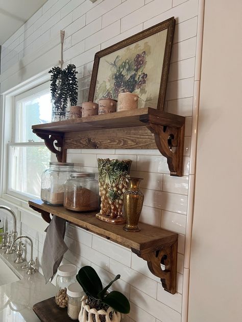 Shelf With Hooks, Shelf, Stocking Holder,peg Rail, Coffee Bar, Gift, PREORDER - Etsy Kitchen Wall Shelf With Hooks, Hooks With Shelf Above, Shelves Over Coffee Bar, Historic Home Decorating, Decor Above Kitchen Table, Antique Kitchen Shelves, Shelf With Peg Hooks, Antique Wood Shelf, Simple Vintage Home Decor