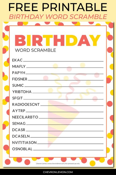 Free printable birthday word scramble Teacher Birthday Activities, Birthday Party Games Printable, Birthday Word Scramble, Birthday Word Search, Reunion Activities, Birthday Surprise Kids, 1st Birthday Games, Activity Binder, Friends Games