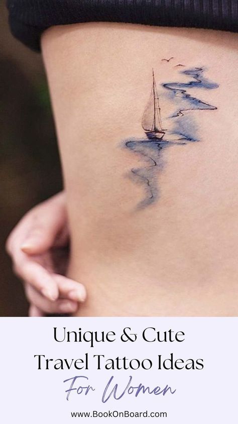 Unique & Cute Travel Tattoo Ideas For Women Travel Tattoo Ideas For Women, Tattoos Women Unique, Watercolor Bike, Wanderlust Tattoos, World Travel Tattoos, Feminine Compass Tattoo, Womens Tattoo Sleeve, Travel Tattoo Ideas, Small Feminine Tattoos