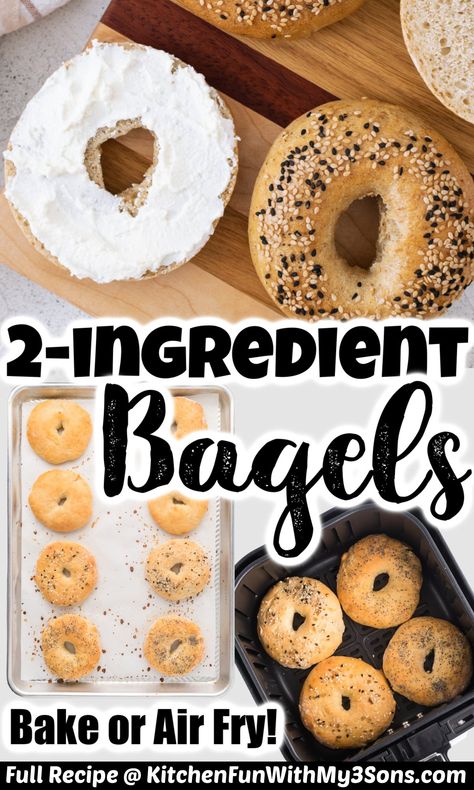 These 2 Ingredient Bagels, also known as Greek yogurt bagels, are quick and easy to prepare in the Air Fryer or Oven. Not to mention healthier than traditional bagels! Two Ingredient Bagels, Greek Yogurt Bagels, Greek Yogurt Bread, Yogurt Bagels, 2 Ingredient Bagels, Healthy Bagel, Bagel Recipe Easy, Greek Yogurt Toppings, Yogurt Bread