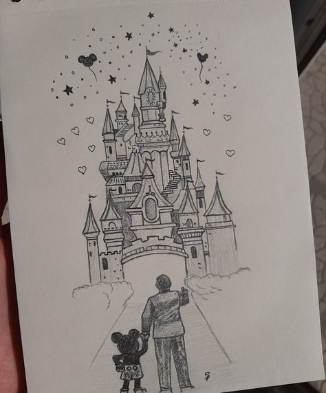 All Disney Characters Drawings, Disney Palace Drawing, Drawing Disney Castle, Walt Disney Castle Drawing, Walt Disney Tattoo Ideas, Disney Castle Outline Tattoo, Disneyworld Castle Tattoo, Disney World Castle Drawing, Disney World Drawings