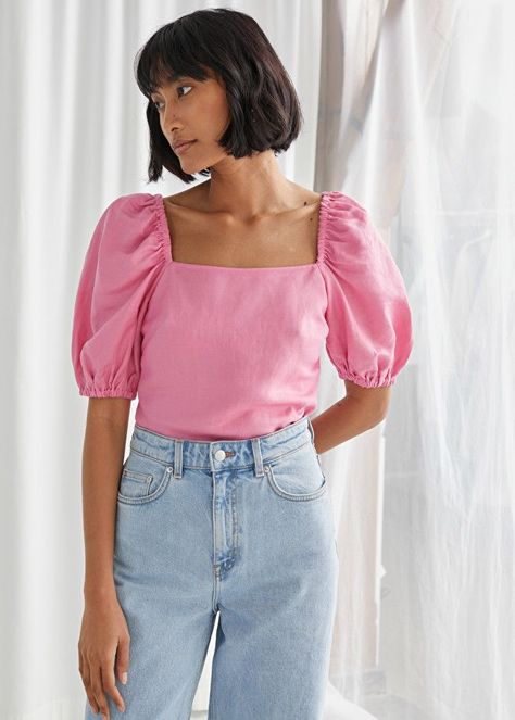 & Other Stories Linen Blend Puff Sleeve Top Puff Sleeve Top Outfit, Plain White T Shirt, Top Outfit, Pink Linen, Puff Sleeve Top, Fashion Story, Vintage Summer, Linen Top, Pink Tops