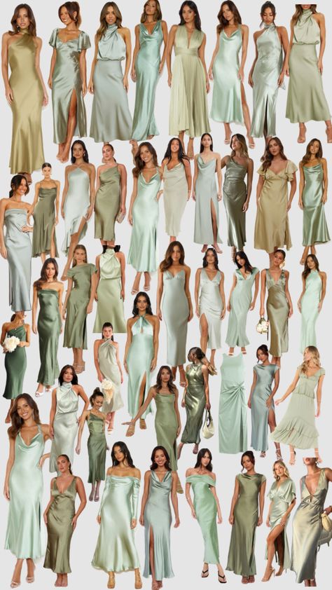 Pastel Green Bridesmaid Dress, Sage Green Bridesmaid Dresses Mismatched, Mixed Green Bridesmaid Dresses, Wedding Dresscode, Mismatched Green Bridesmaid Dresses, Entourage Gowns, Olive Green Bridesmaid Dresses, Sage Green Wedding Colors, Christmas Wedding Inspiration